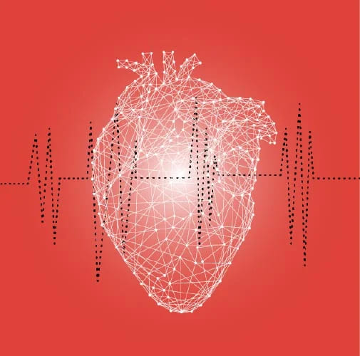 Vector point illustration of heart behind ekg line